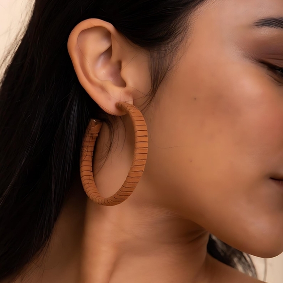 🆕 Boho Chic Large Brown Suede Textured Statement Fashion Trendy Hoop Earrings - Picture 3 of 10
